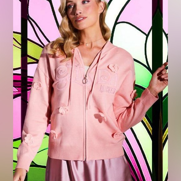 NWT Wicked Glinda Full Zip  Hoodie Knit Jacket Embroidered Floral in Peach Large - Picture 1 of 16